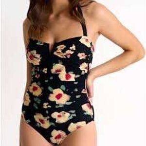 SHAN Floral One Piece Swimsuit Black Watercolor Ruched V-Neck Sz 10 Foam Bandeau
